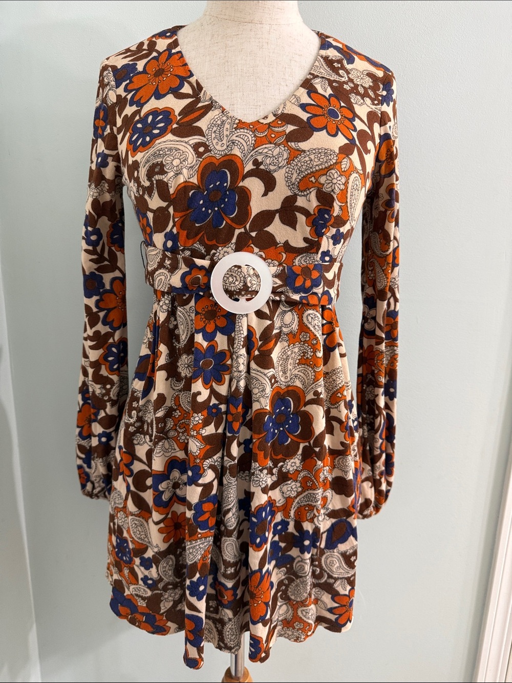 Vintage 60s 70s Mod Disco Floral Belted Dress XS Boho Hippie